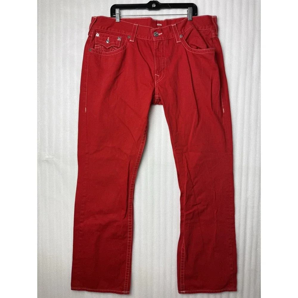 VTG Y2K True Religion Jeans Mens 40x34 Red Straight Flap Pocket Thick Stitch